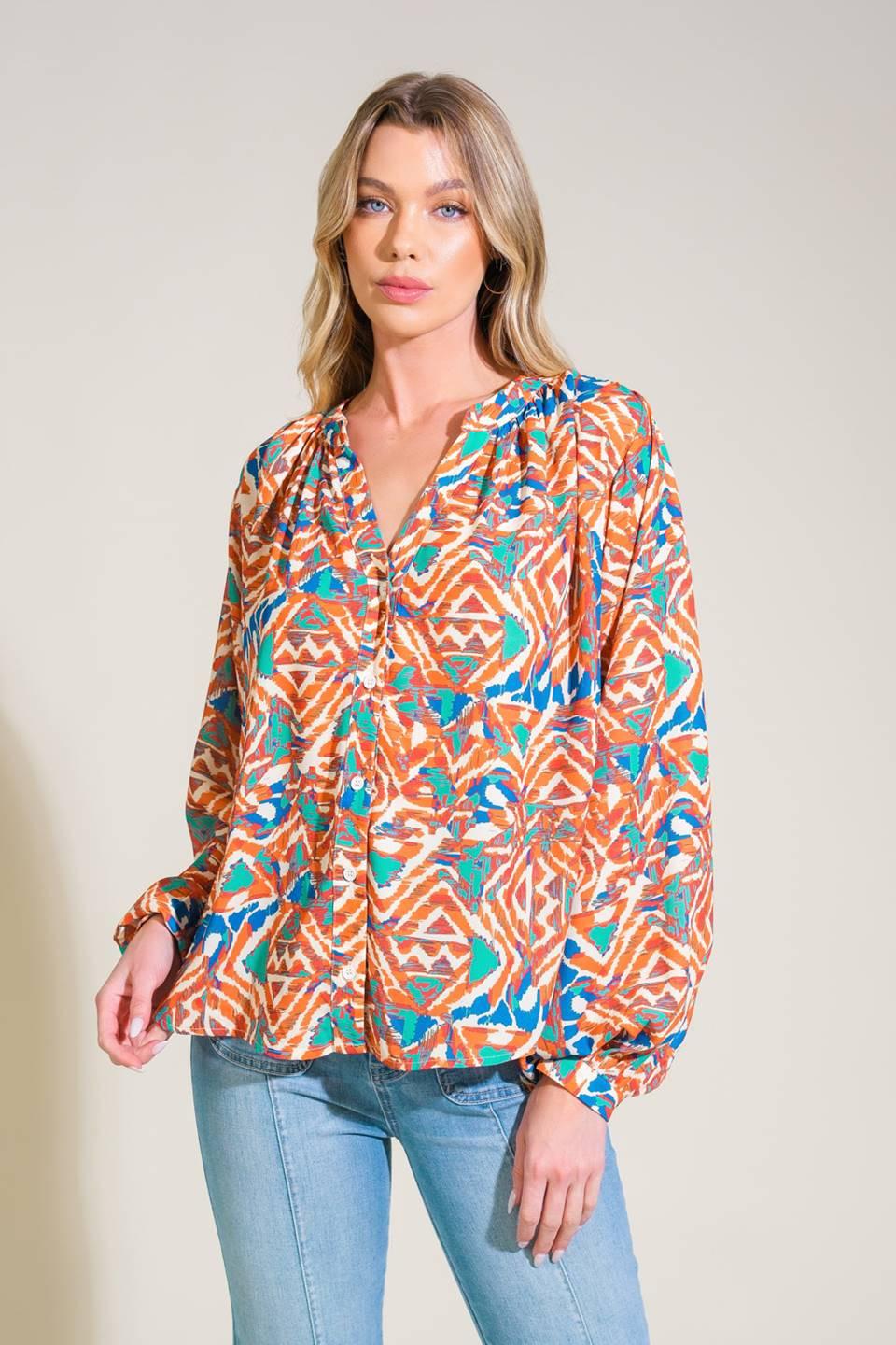 Urban Elegance Woven Top in orange green, view 4 — Soul Flow Apparel
