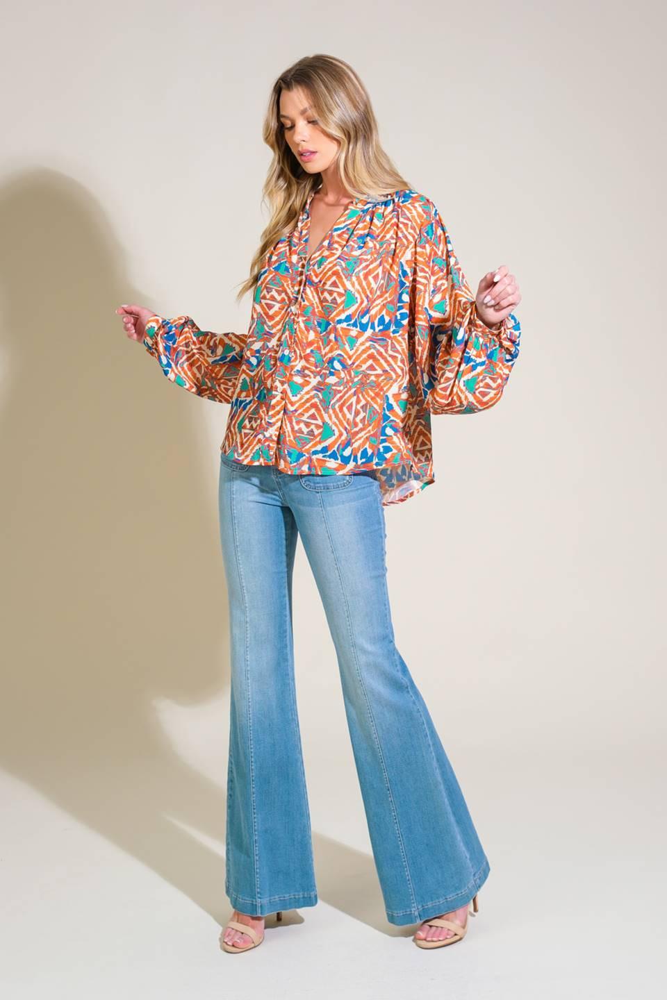 Urban Elegance Woven Top in orange green, view 5 — Soul Flow Apparel