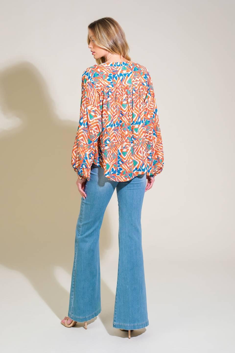 Urban Elegance Woven Top in orange green, view 6 — Soul Flow Apparel