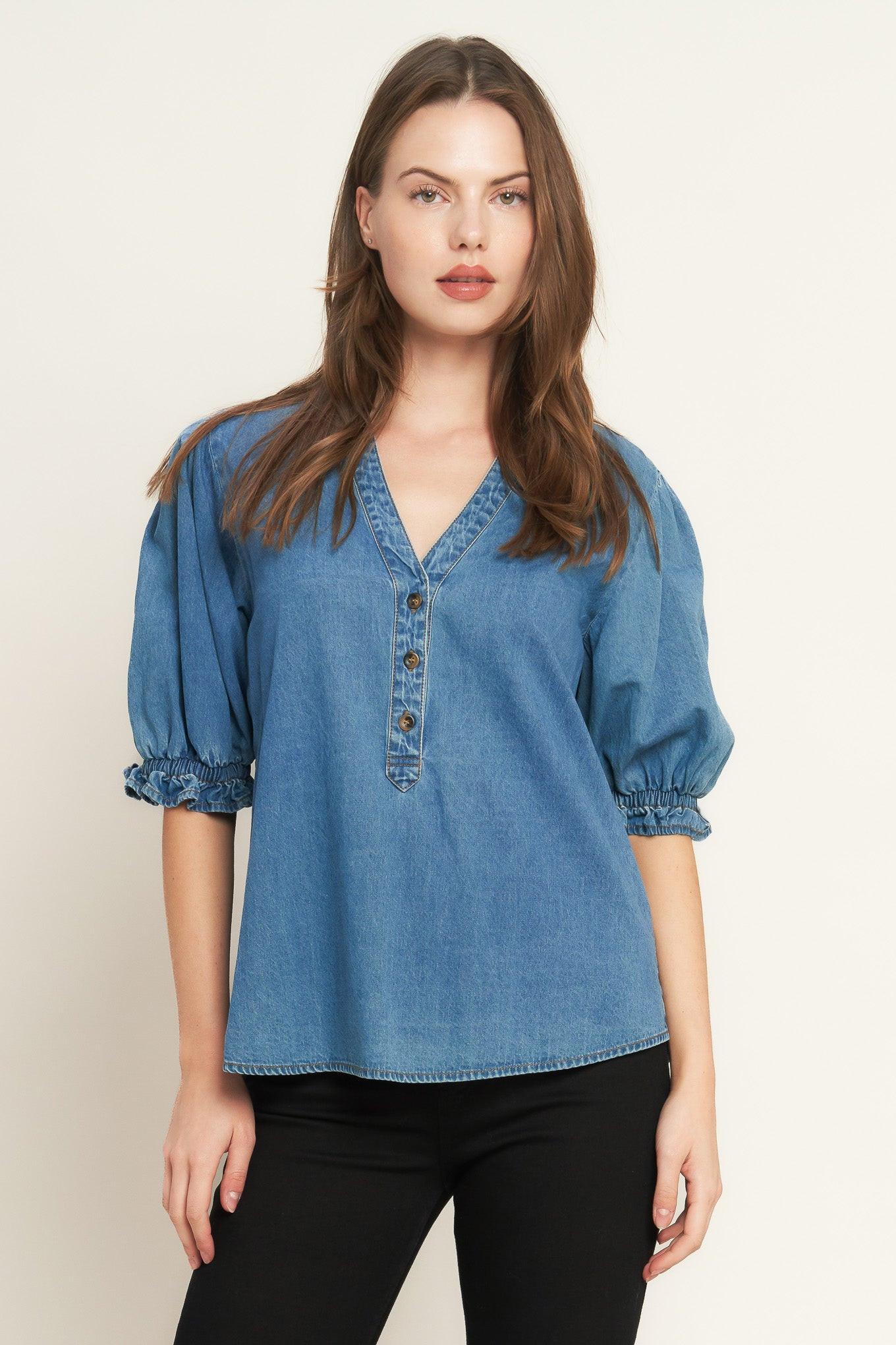 Closer to You Denim Top in medium indigo, view 1 — Soul Flow Apparel