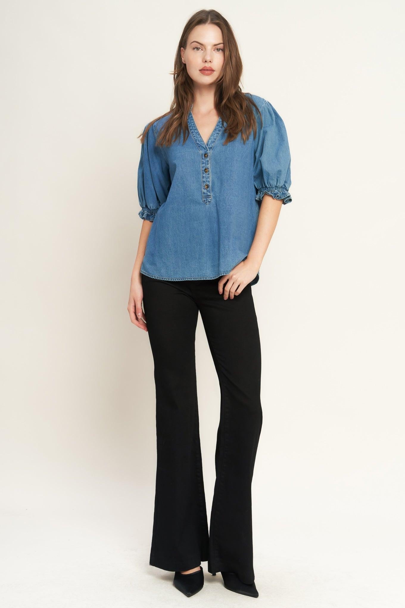 Closer to You Denim Top in medium indigo, view 2 — Soul Flow Apparel
