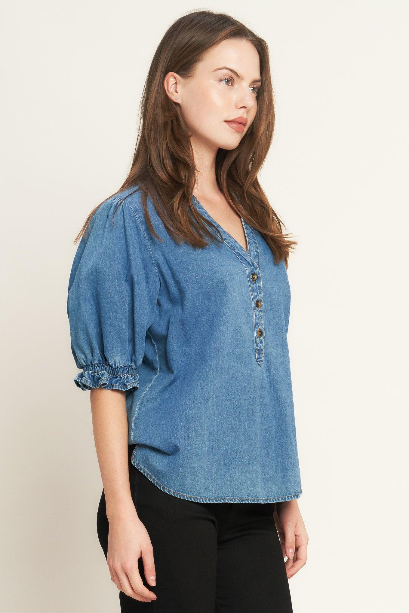 Closer to You Denim Top in medium indigo, view 3 — Soul Flow Apparel
