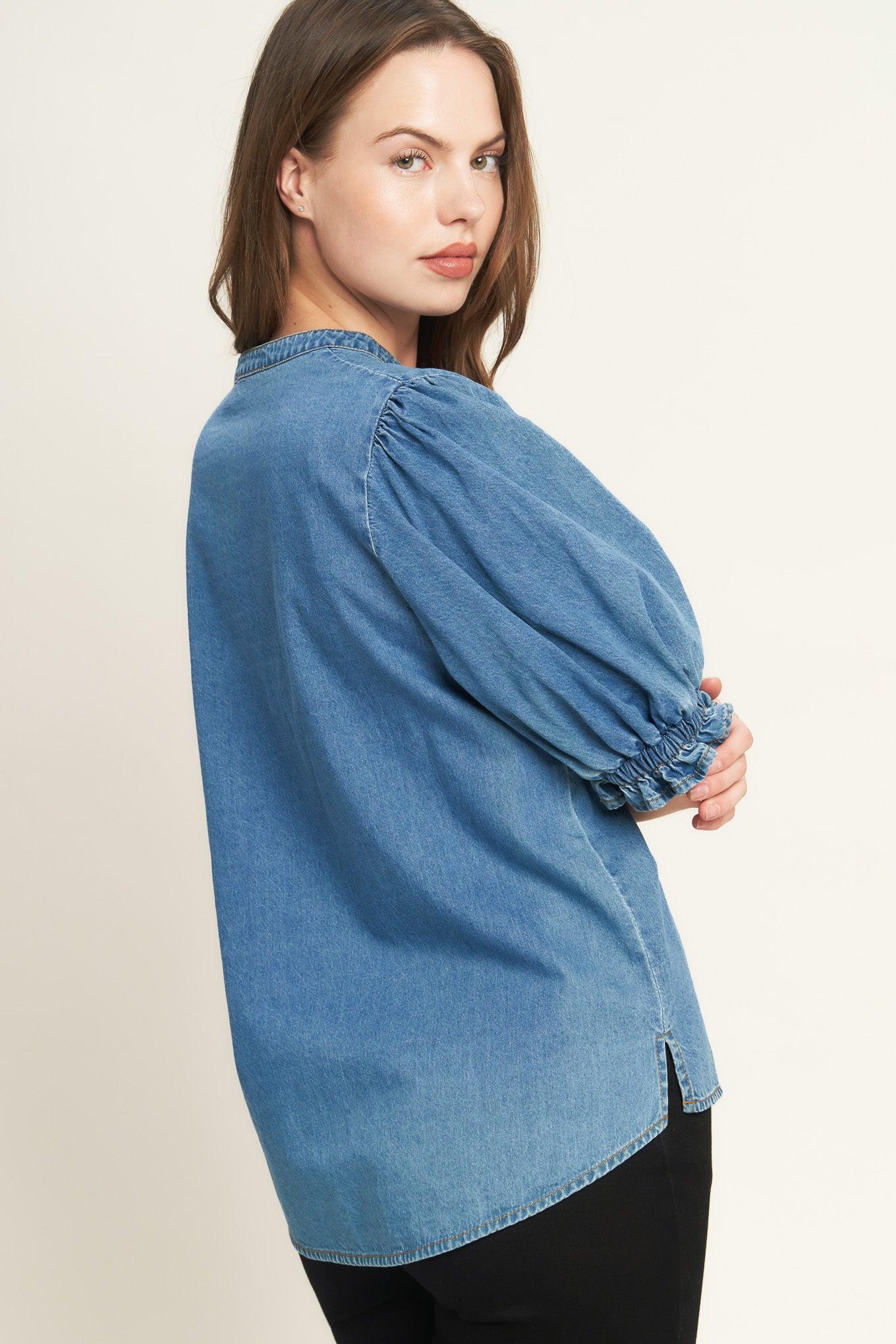 Closer to You Denim Top in medium indigo, view 4 — Soul Flow Apparel