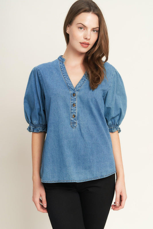 Closer to You Denim Top in medium indigo, view 5 — Soul Flow Apparel