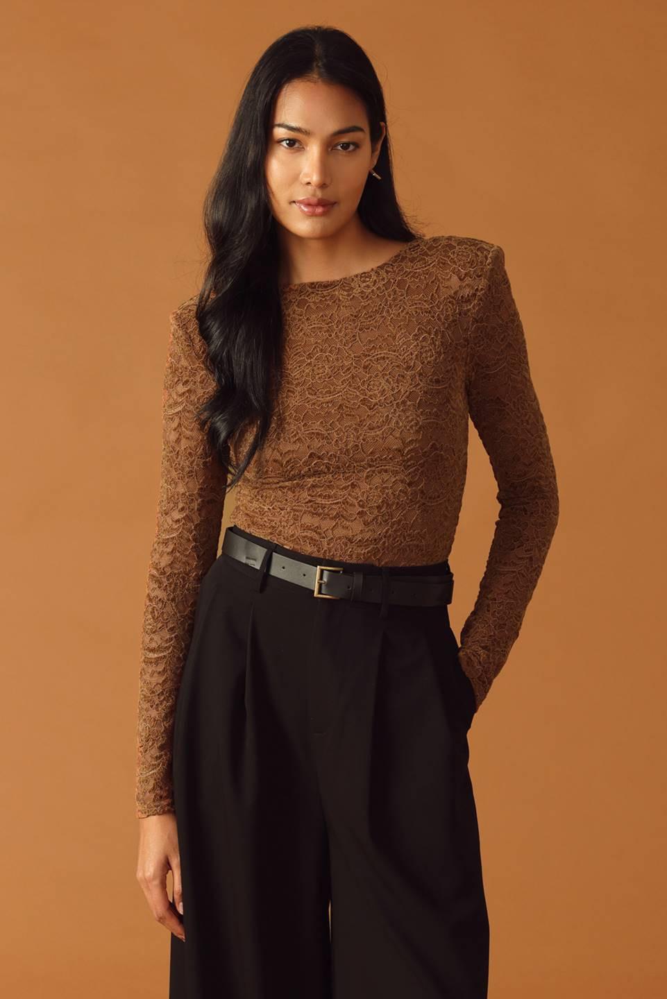 Never Enough Woven Lace Bodysuit in brown, view 1 — Soul Flow Apparel
