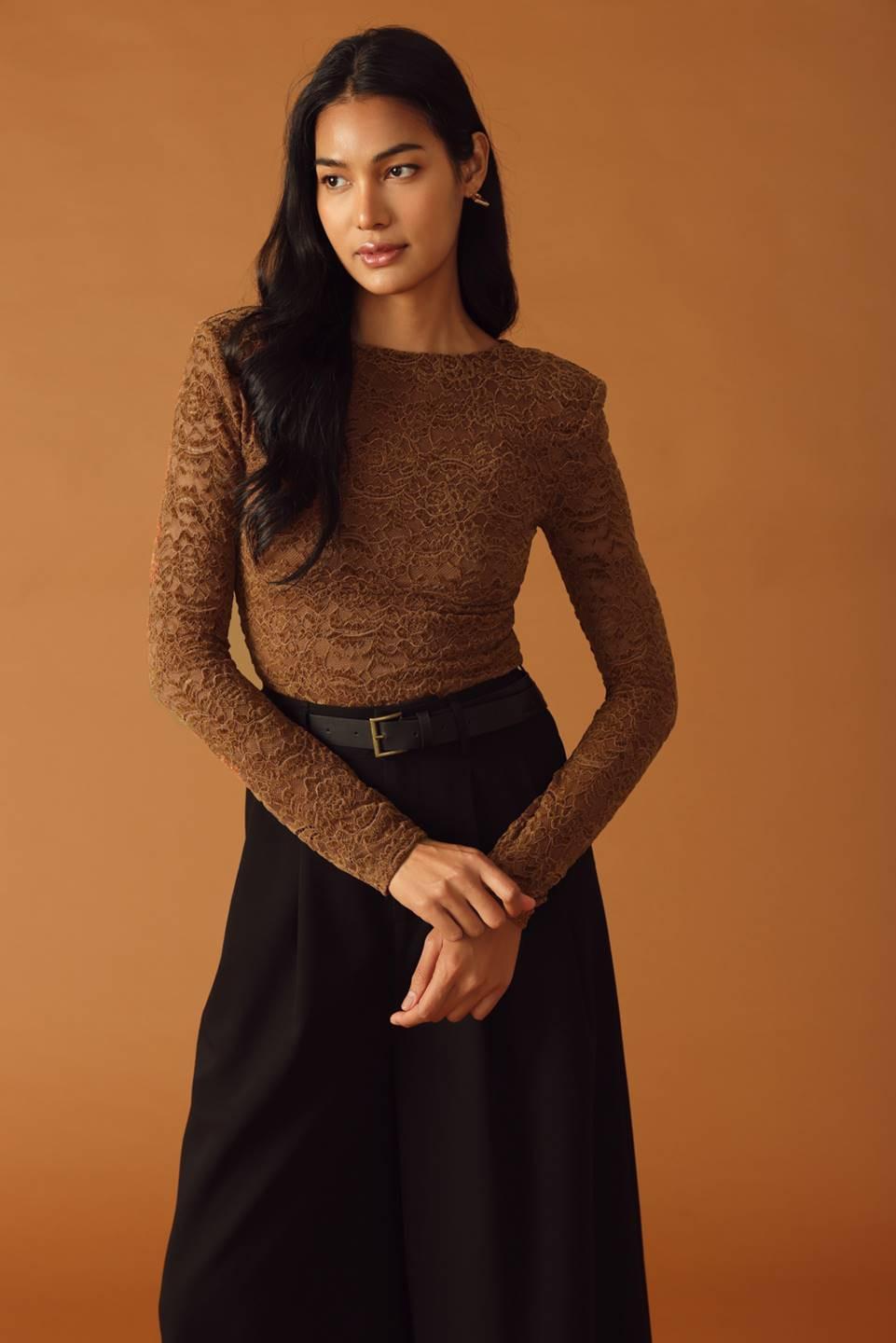 Never Enough Woven Lace Bodysuit in brown, view 3 — Soul Flow Apparel