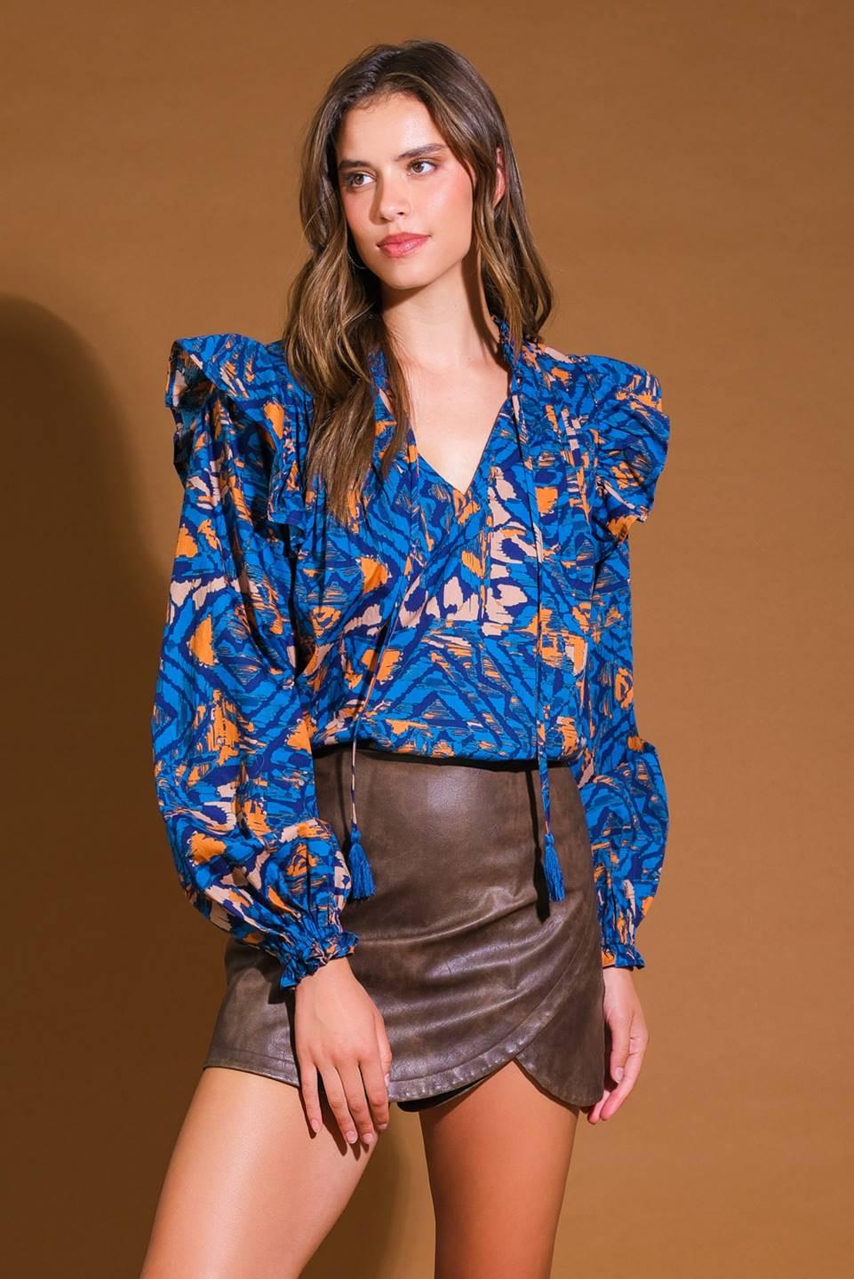 Eagle Crest Woven Top in blue rust, view 1 — Soul Flow Apparel