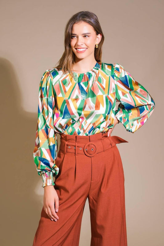 Radiant Poise Woven Top in sage mustard, view 1 — Soul Flow Apparel
