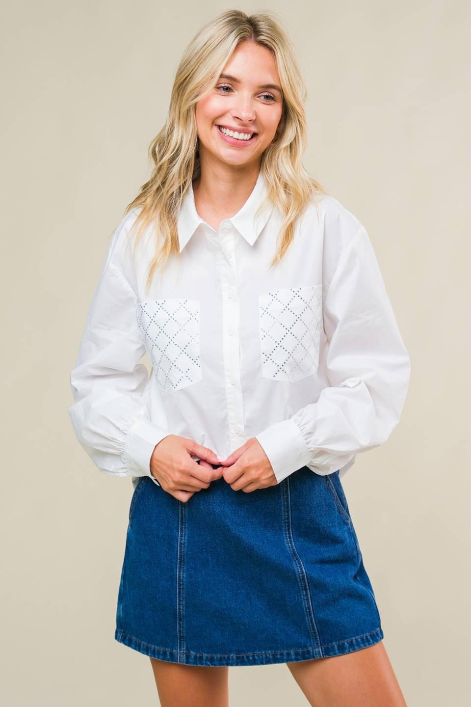 Refined Breeze Button-Up Top in off-white, view 1 — Soul Flow Apparel