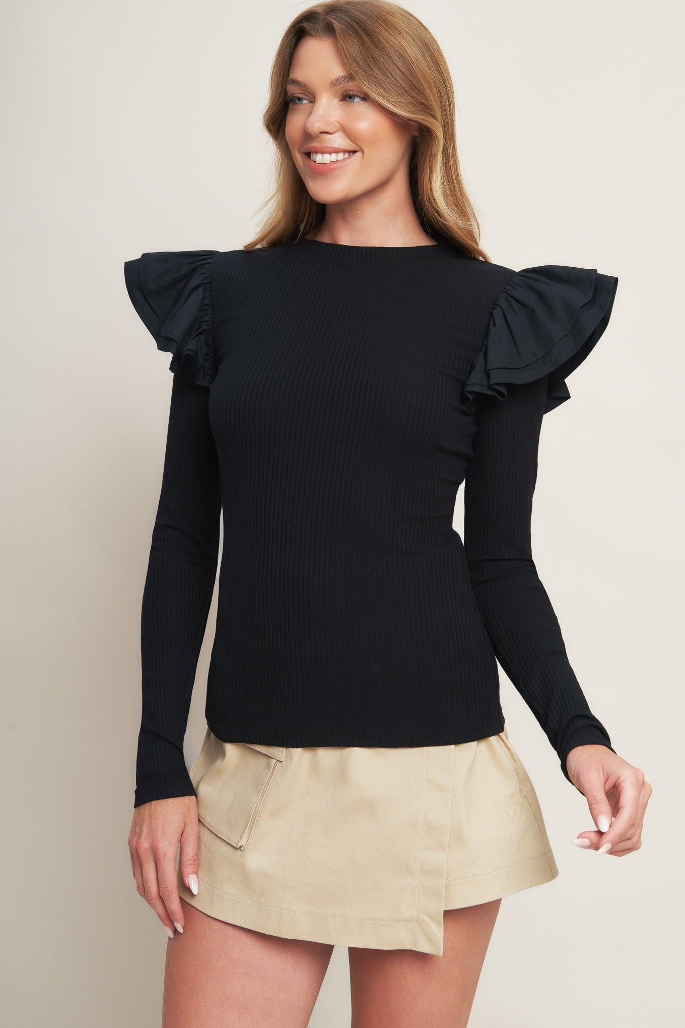Happiest Here Black Knit Top, view 2 — Soul Flow Apparel