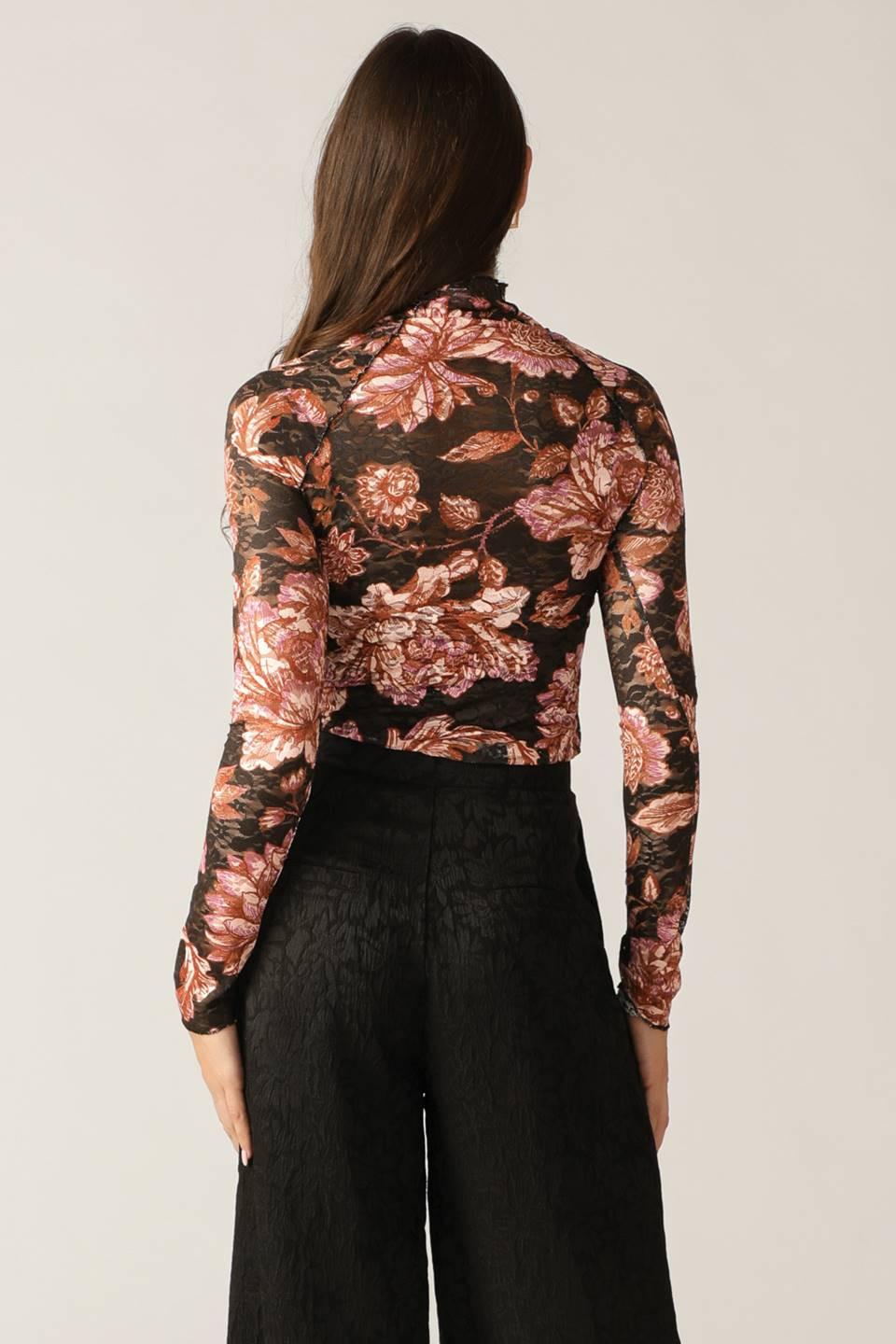Fireside Chats Stretch Lace Top in black taupe, view 3 — Soul Flow Apparel