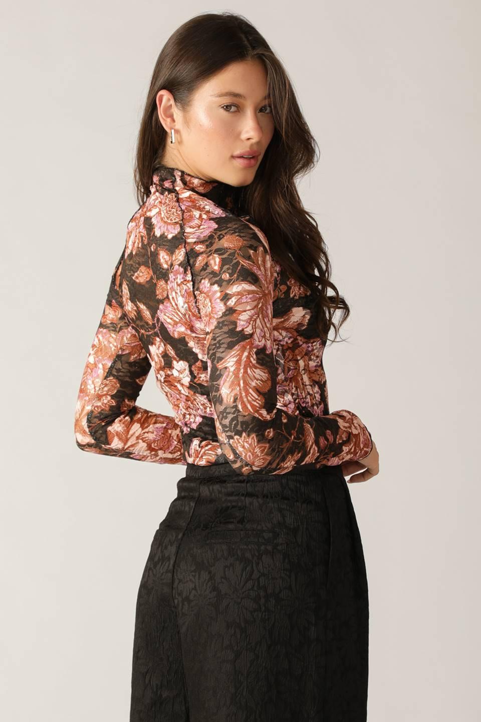 Fireside Chats Stretch Lace Top in black taupe, view 4 — Soul Flow Apparel