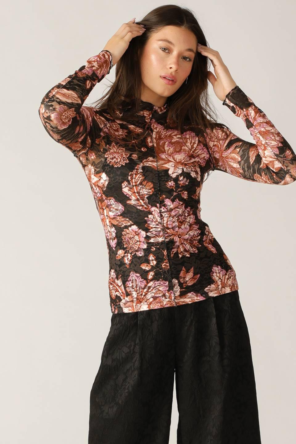 Fireside Chats Stretch Lace Top in black taupe, view 5 — Soul Flow Apparel