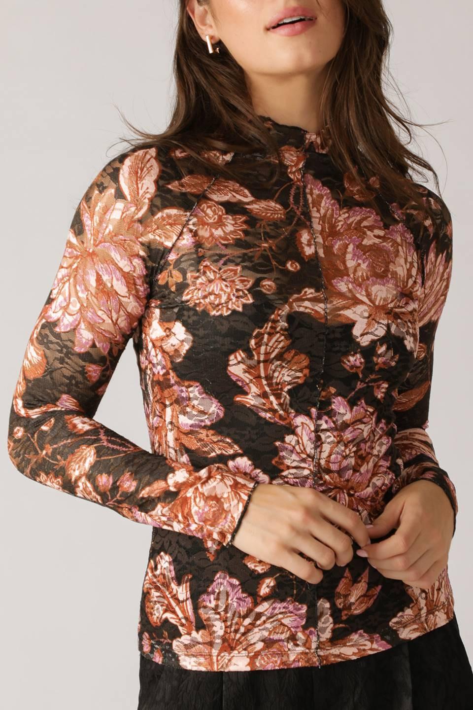 Fireside Chats Stretch Lace Top in black taupe, view 6 — Soul Flow Apparel