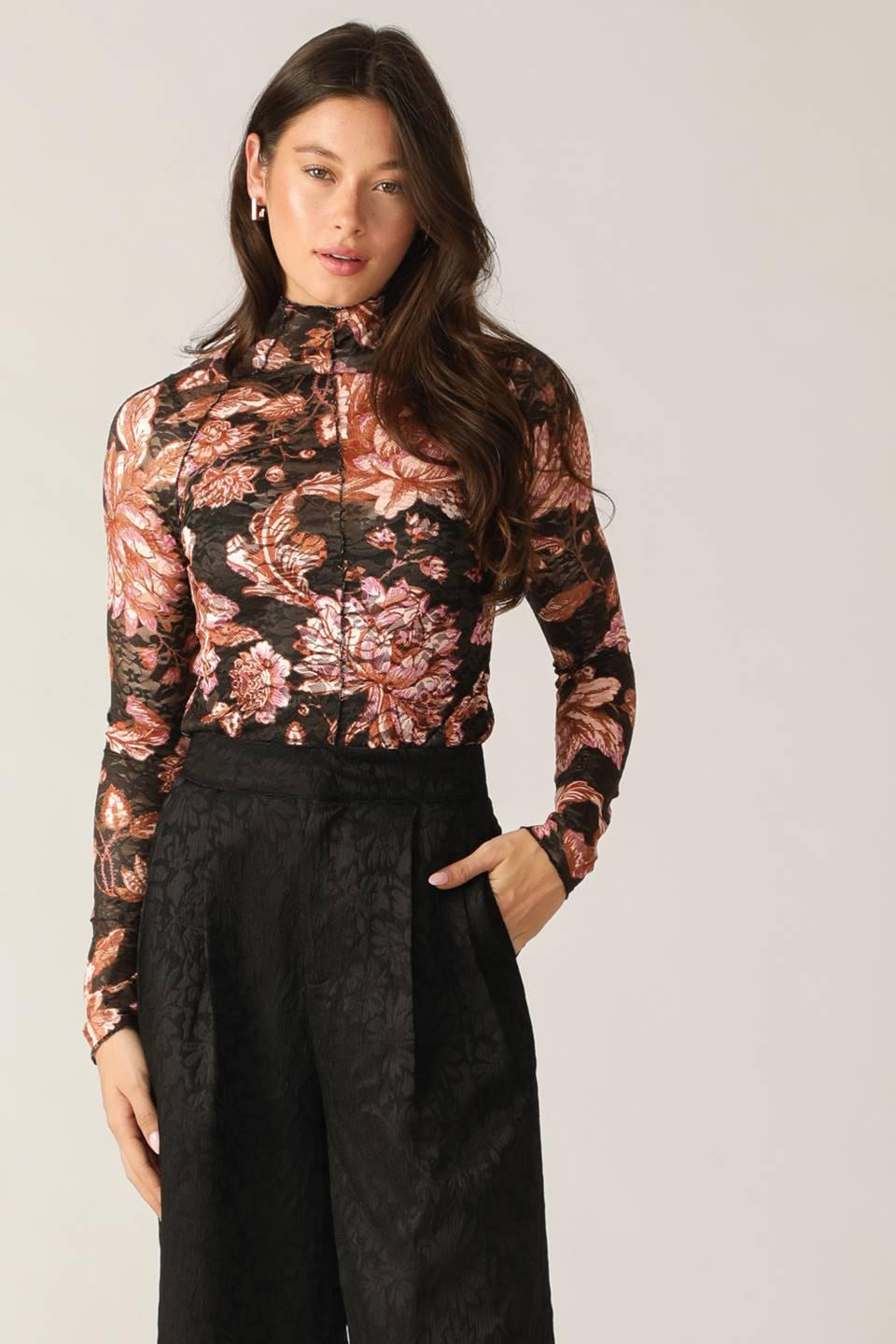 Fireside Chats Stretch Lace Top in black taupe, view 7 — Soul Flow Apparel