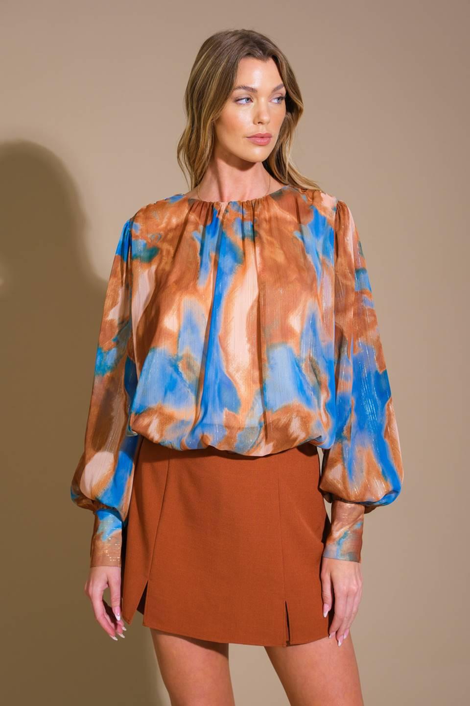 All My Pride Woven Top in brown blue, view 4 — Soul Flow Apparel