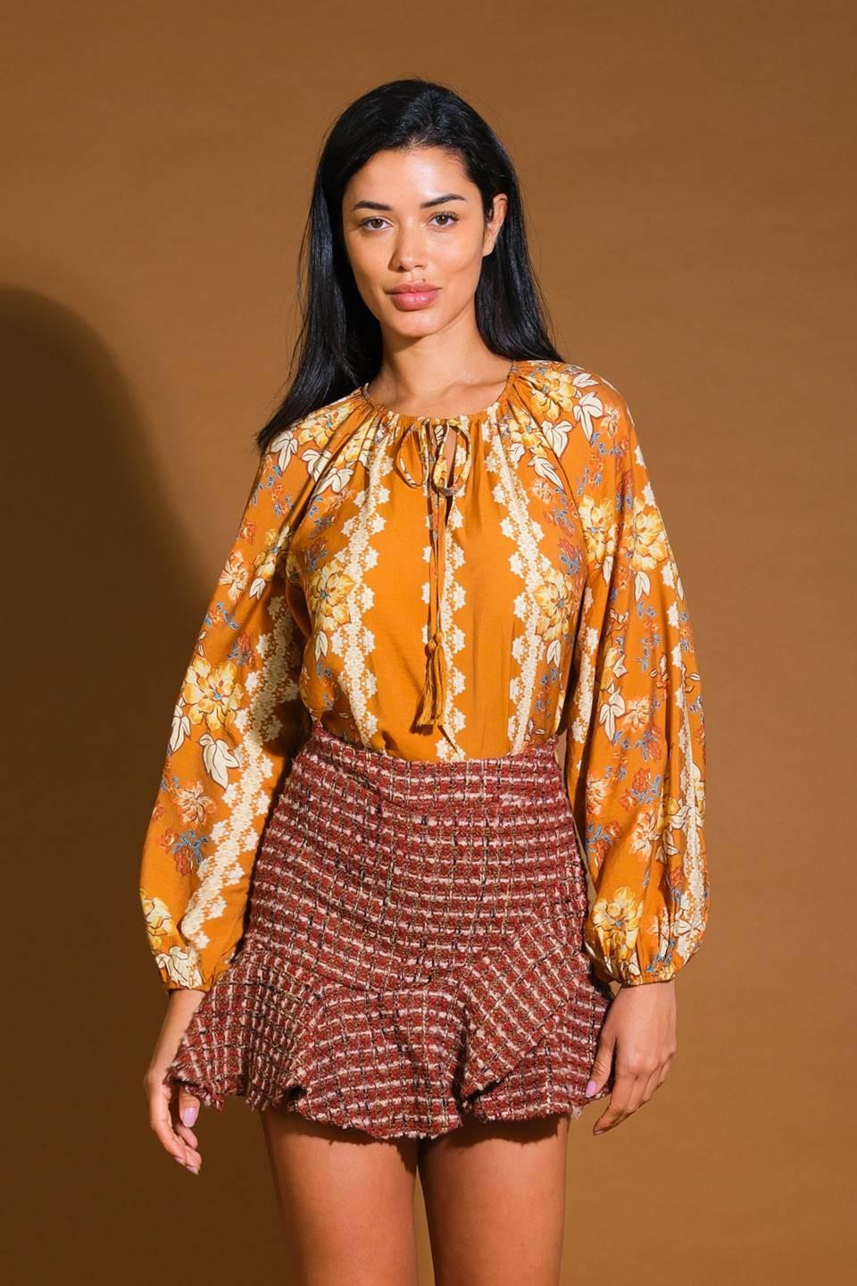 Over the Hills Woven Top in brown, view 1 — Soul Flow Apparel