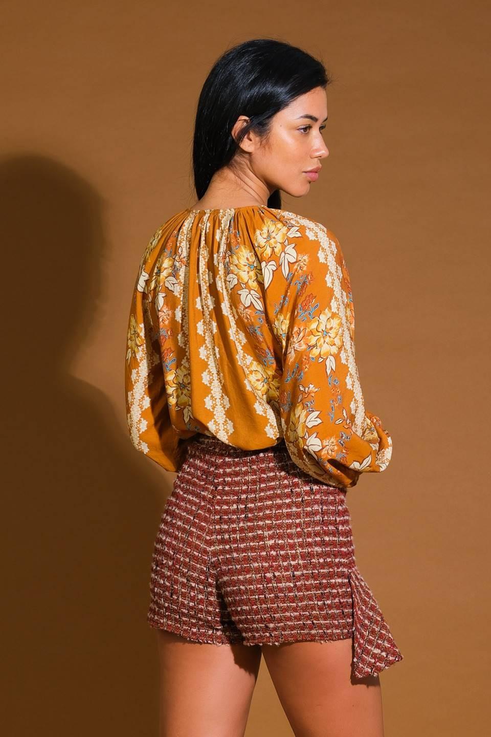 Over the Hills Woven Top in brown, view 2 — Soul Flow Apparel