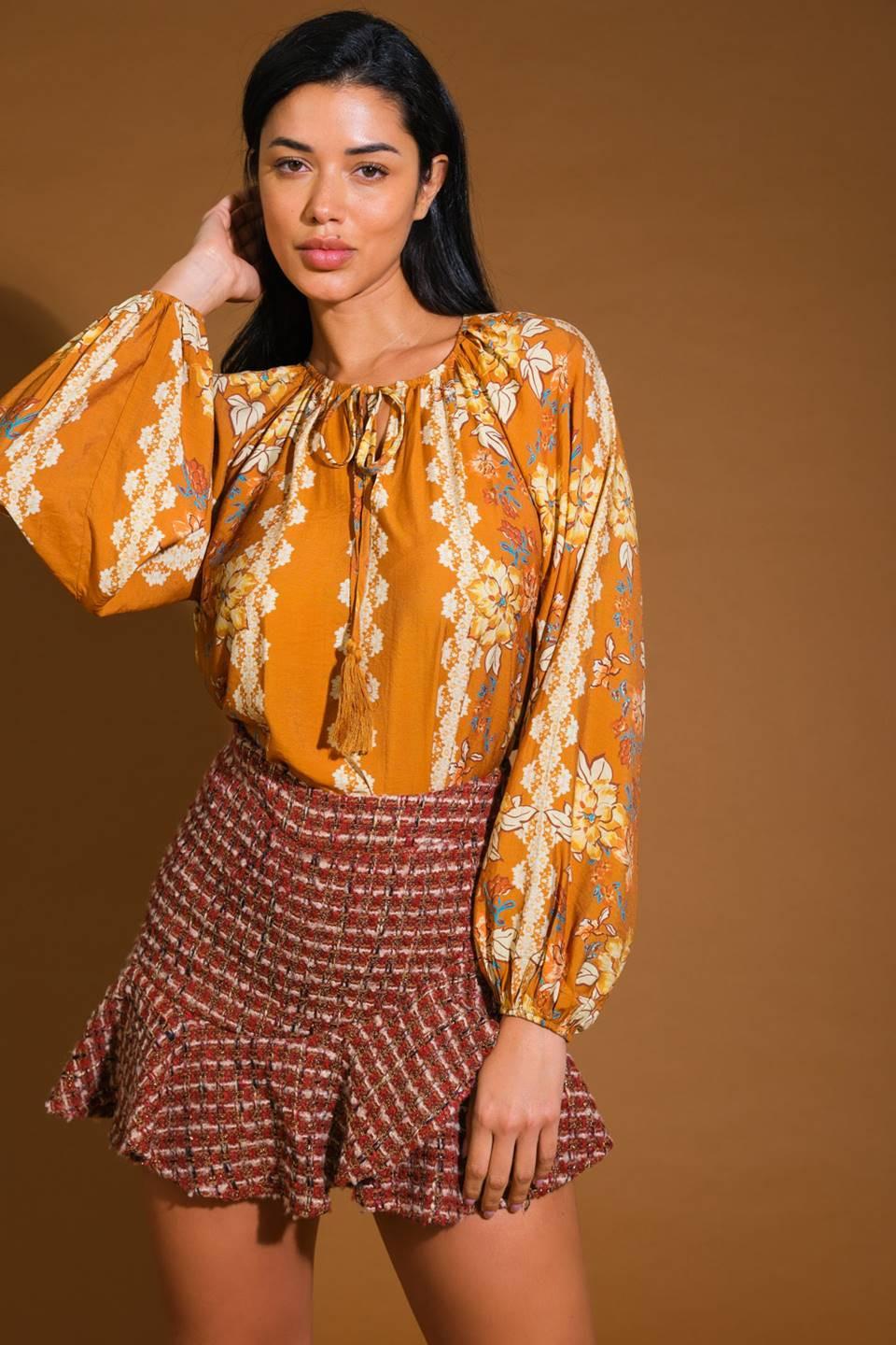 Over the Hills Woven Top in brown, view 4 — Soul Flow Apparel