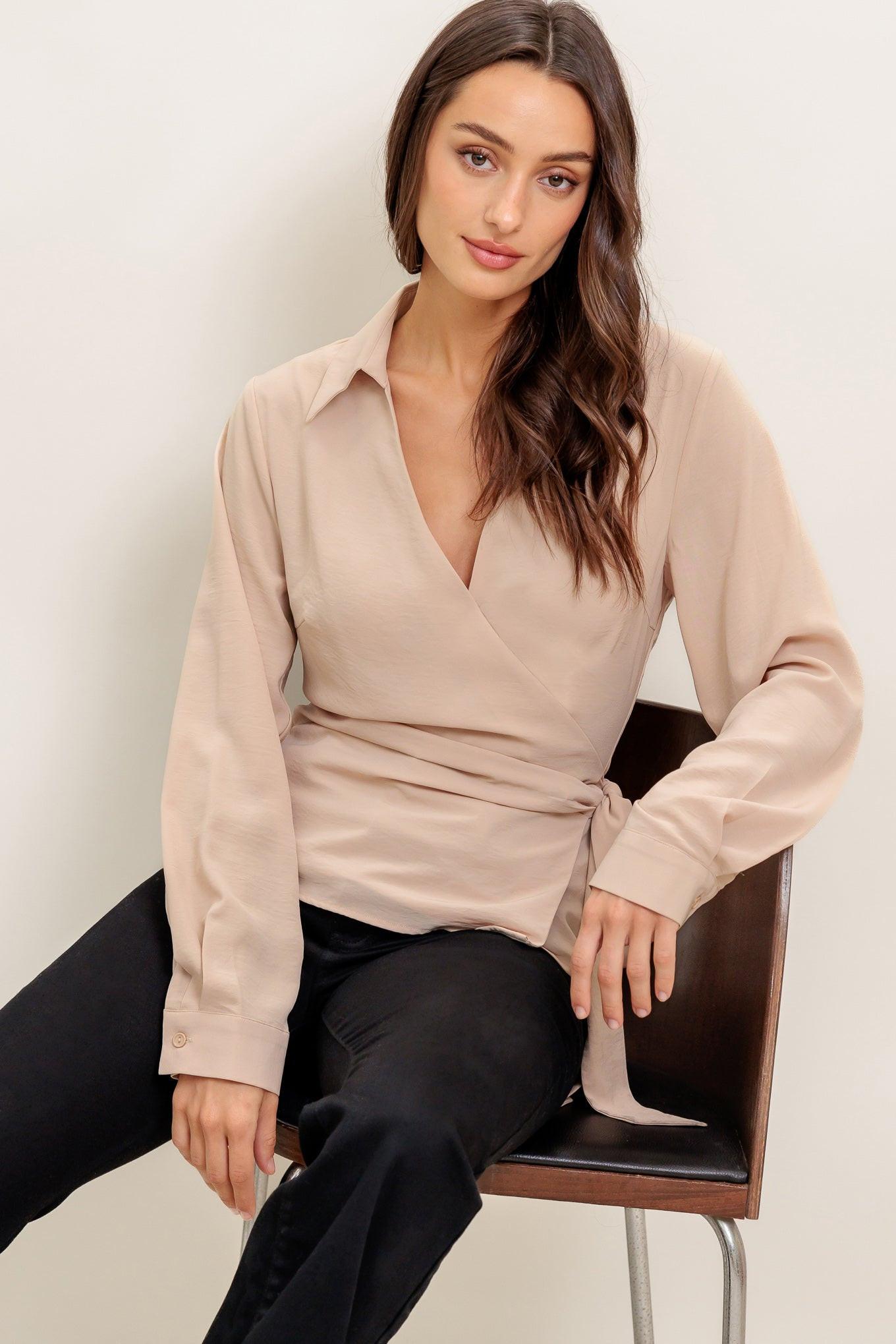 Beautiful As You Woven Top in light taupe, view 3 — Soul Flow Apparel
