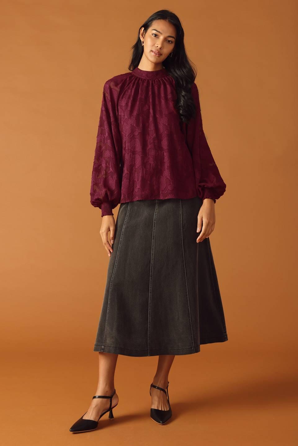 Solaris Dream Woven Top in burgundy, view 2 — Soul Flow Apparel