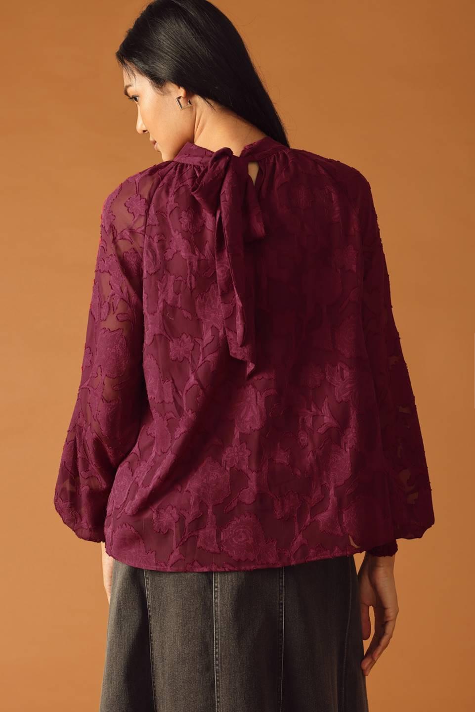 Solaris Dream Woven Top in burgundy, view 3 — Soul Flow Apparel