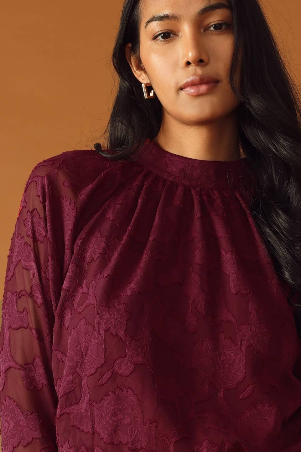 Solaris Dream Woven Top in burgundy, view 5 — Soul Flow Apparel