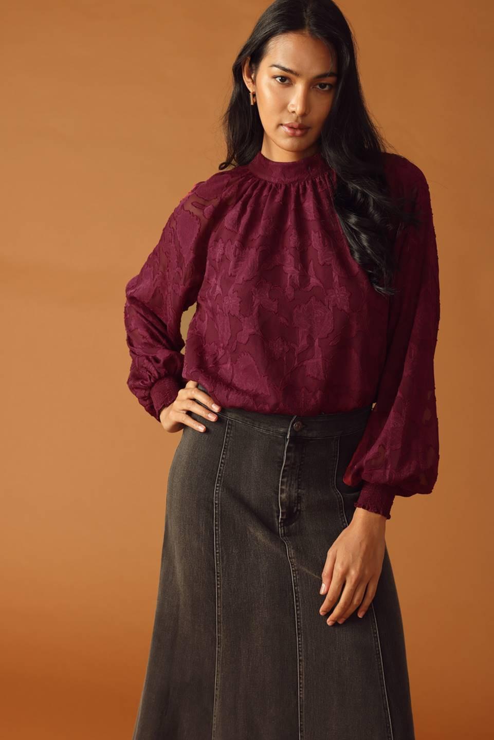 Solaris Dream Woven Top in burgundy, view 6 — Soul Flow Apparel