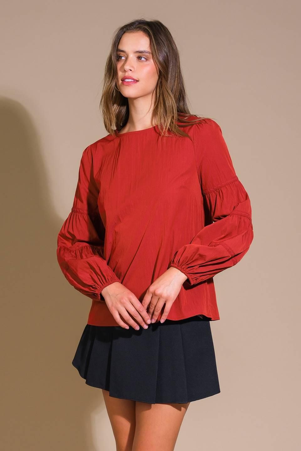 Waverly Mills Woven Top in red wine, view 3 — Soul Flow Apparel