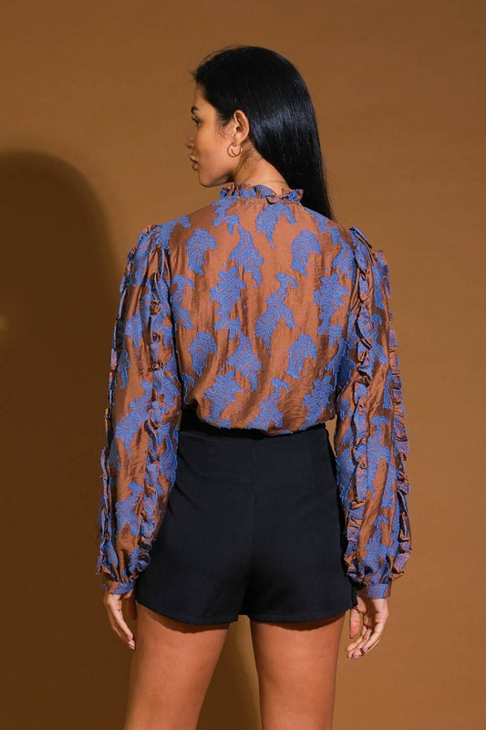 True to Me Jacquard Woven Top in brown teal, view 2 — Soul Flow Apparel