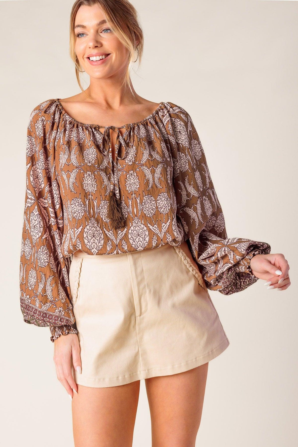 Be Alright Woven Top in brown, view 1 — Soul Flow Apparel