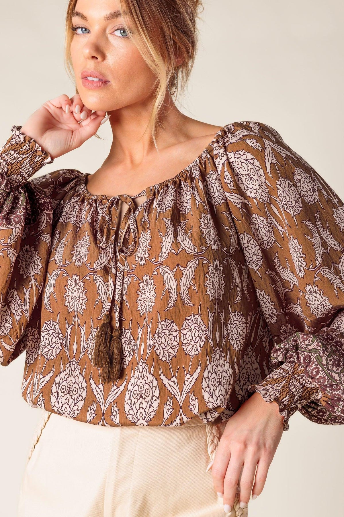 Be Alright Woven Top in brown, view 2 — Soul Flow Apparel