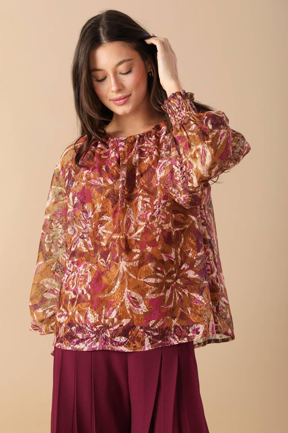 Sunset Stroll Woven Top in magentarust, view 1 — Soul Flow Apparel