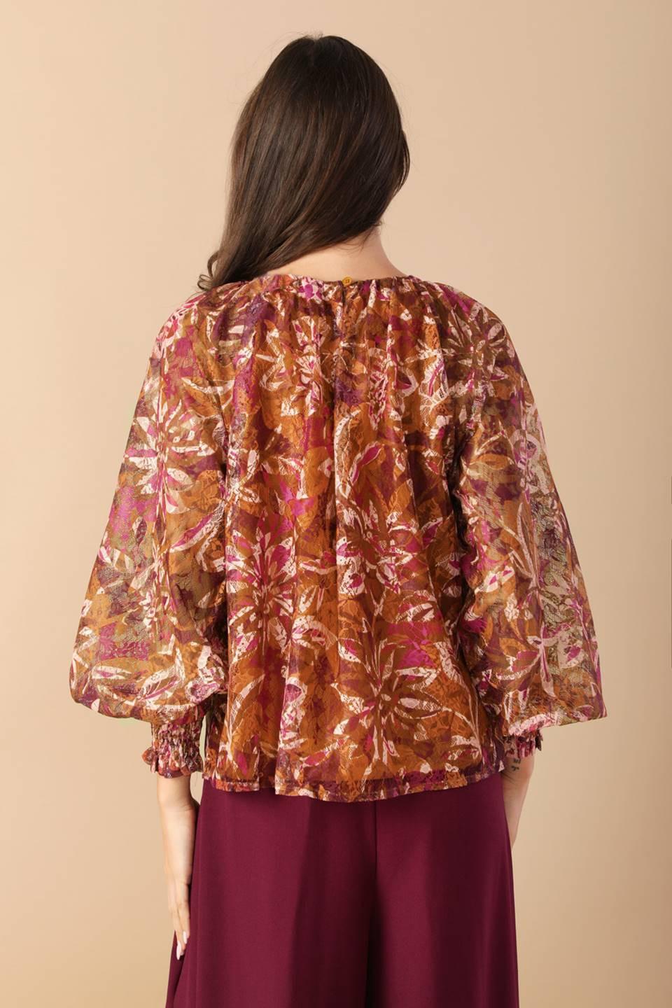 Sunset Stroll Woven Top in magentarust, view 2 — Soul Flow Apparel