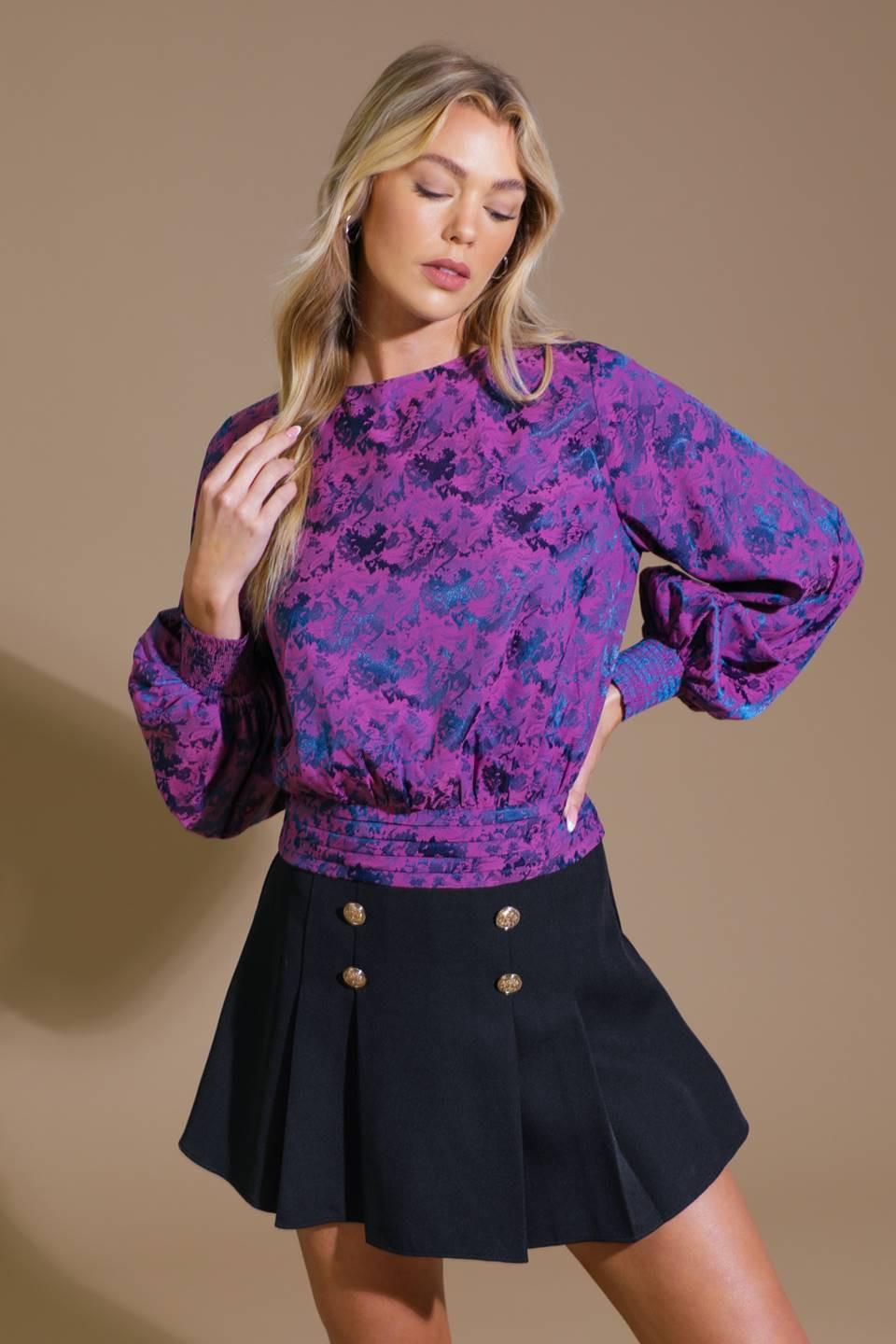 Best Presence Jacquard Woven Top in pink teal, view 4 — Soul Flow Apparel