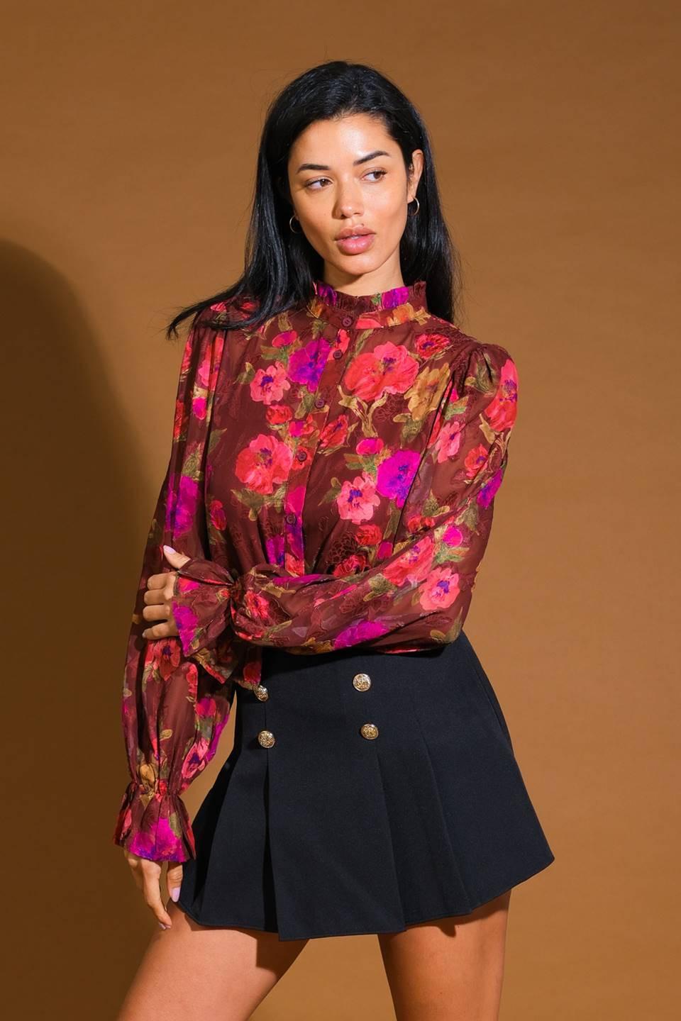 Perfect Stunner Woven Top in burgundy, view 1 — Soul Flow Apparel