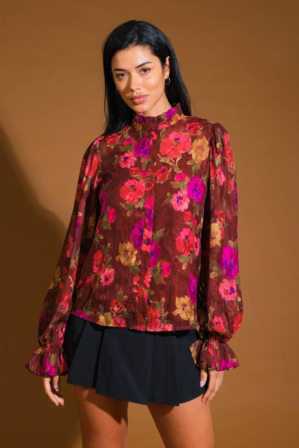 Perfect Stunner Woven Top in burgundy, view 7 — Soul Flow Apparel