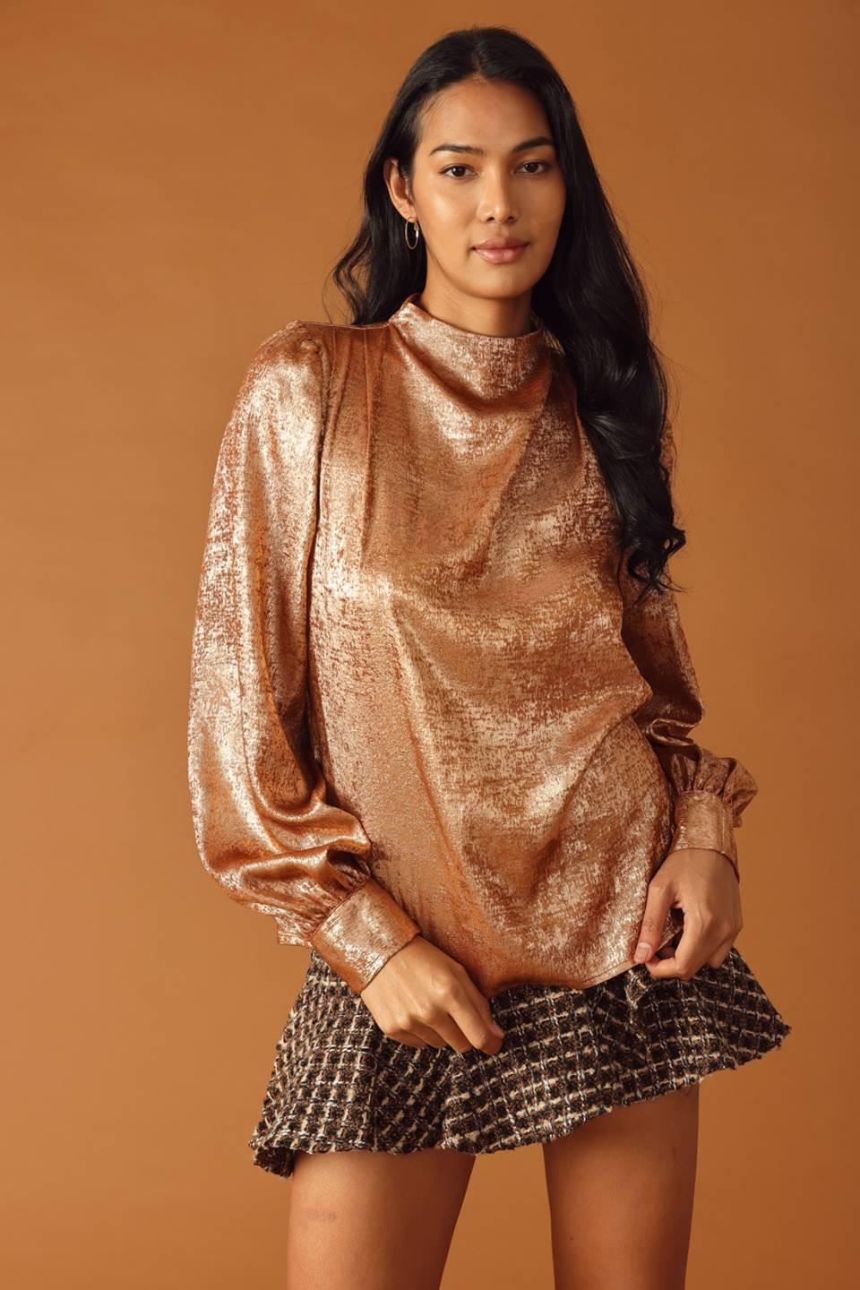 Sweet Sentiments Woven Top in bronze, view 5 — Soul Flow Apparel