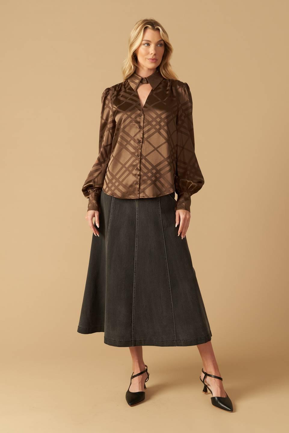 The Art of Balance Woven Satin Top in brown, view 1 — Soul Flow Apparel