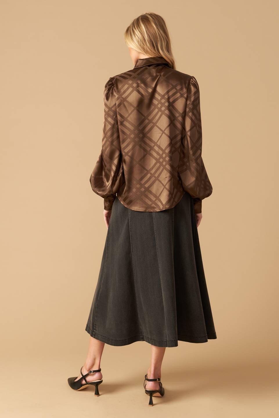 The Art of Balance Woven Satin Top in brown, view 2 — Soul Flow Apparel