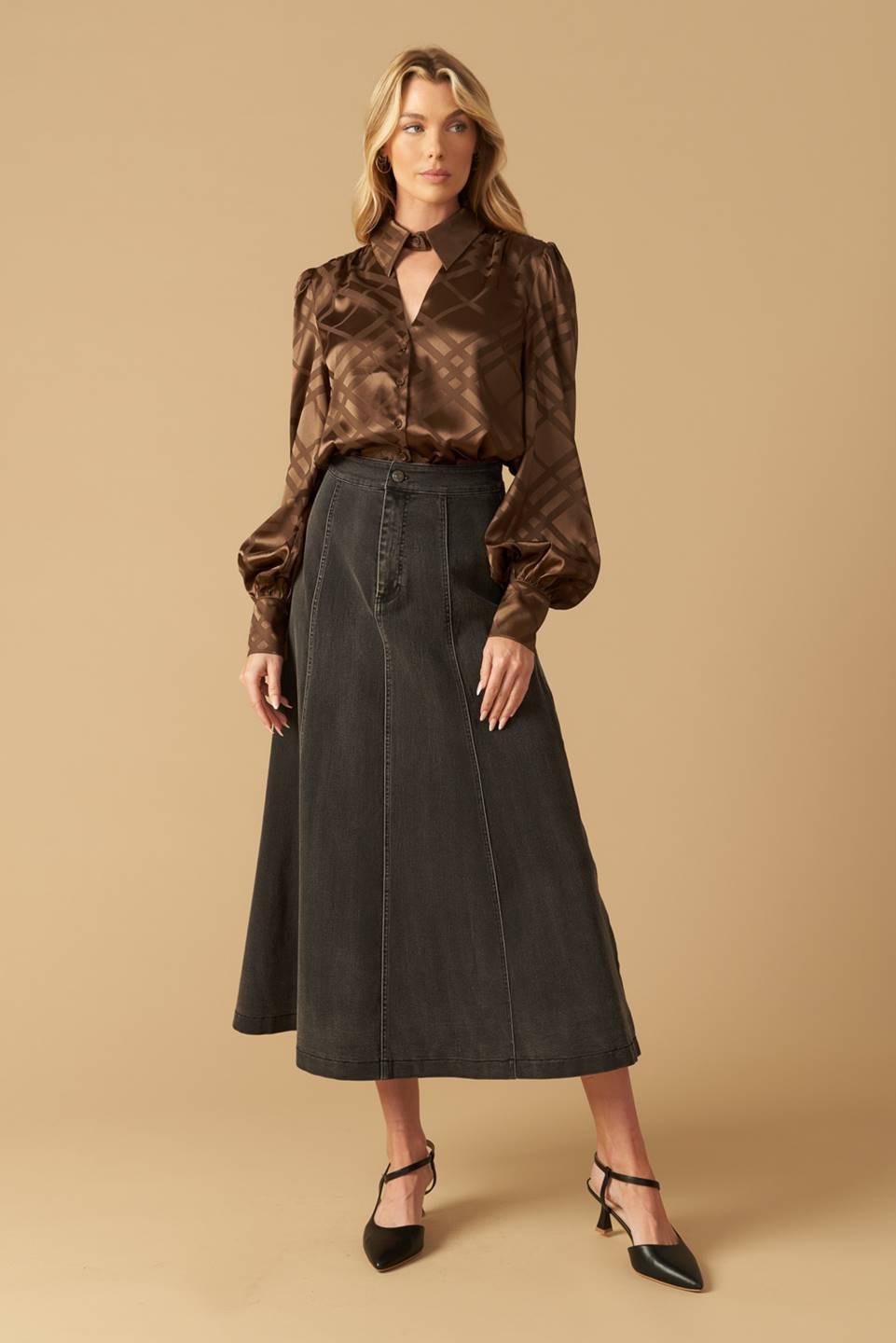 The Art of Balance Woven Satin Top in brown, view 3 — Soul Flow Apparel