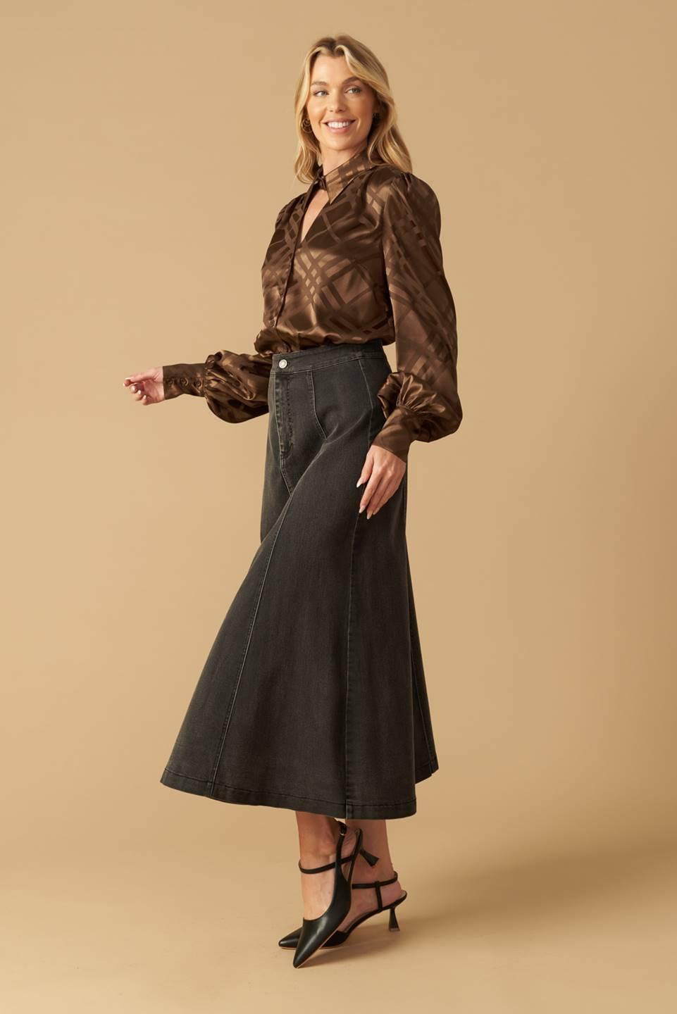 The Art of Balance Woven Satin Top in brown, view 4 — Soul Flow Apparel