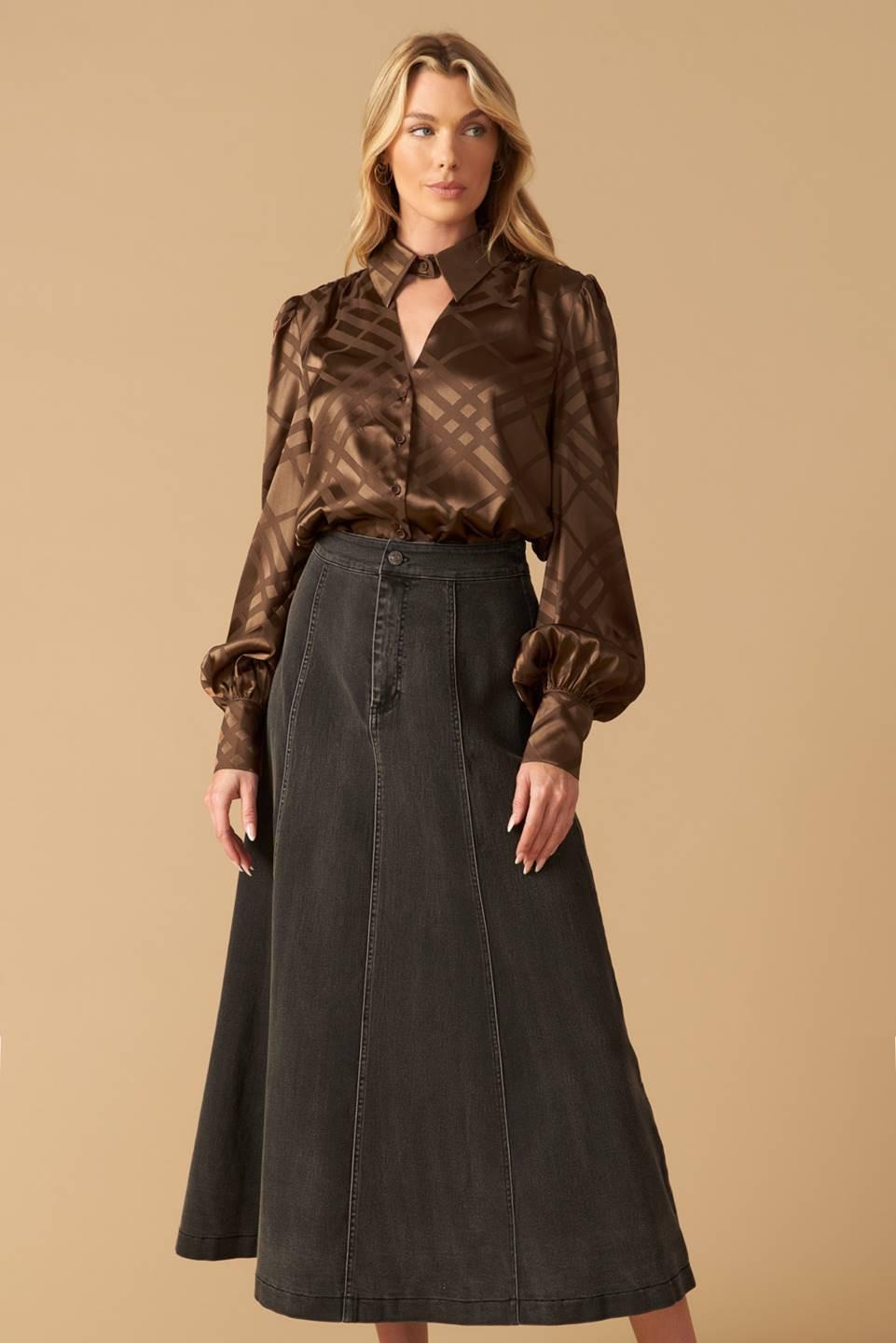 The Art of Balance Woven Satin Top in brown, view 5 — Soul Flow Apparel