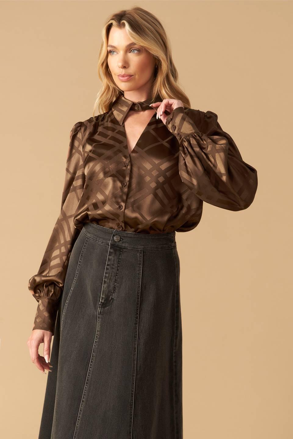 The Art of Balance Woven Satin Top in brown, view 8 — Soul Flow Apparel
