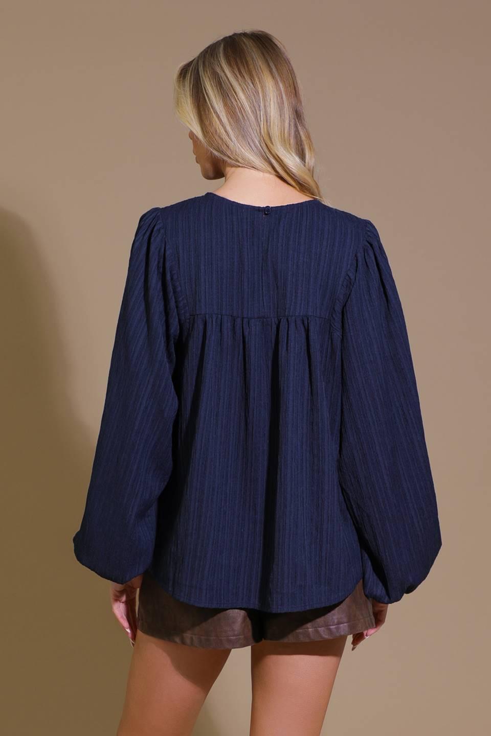 Enchanted to Meet Woven Top in navy, view 2 — Soul Flow Apparel