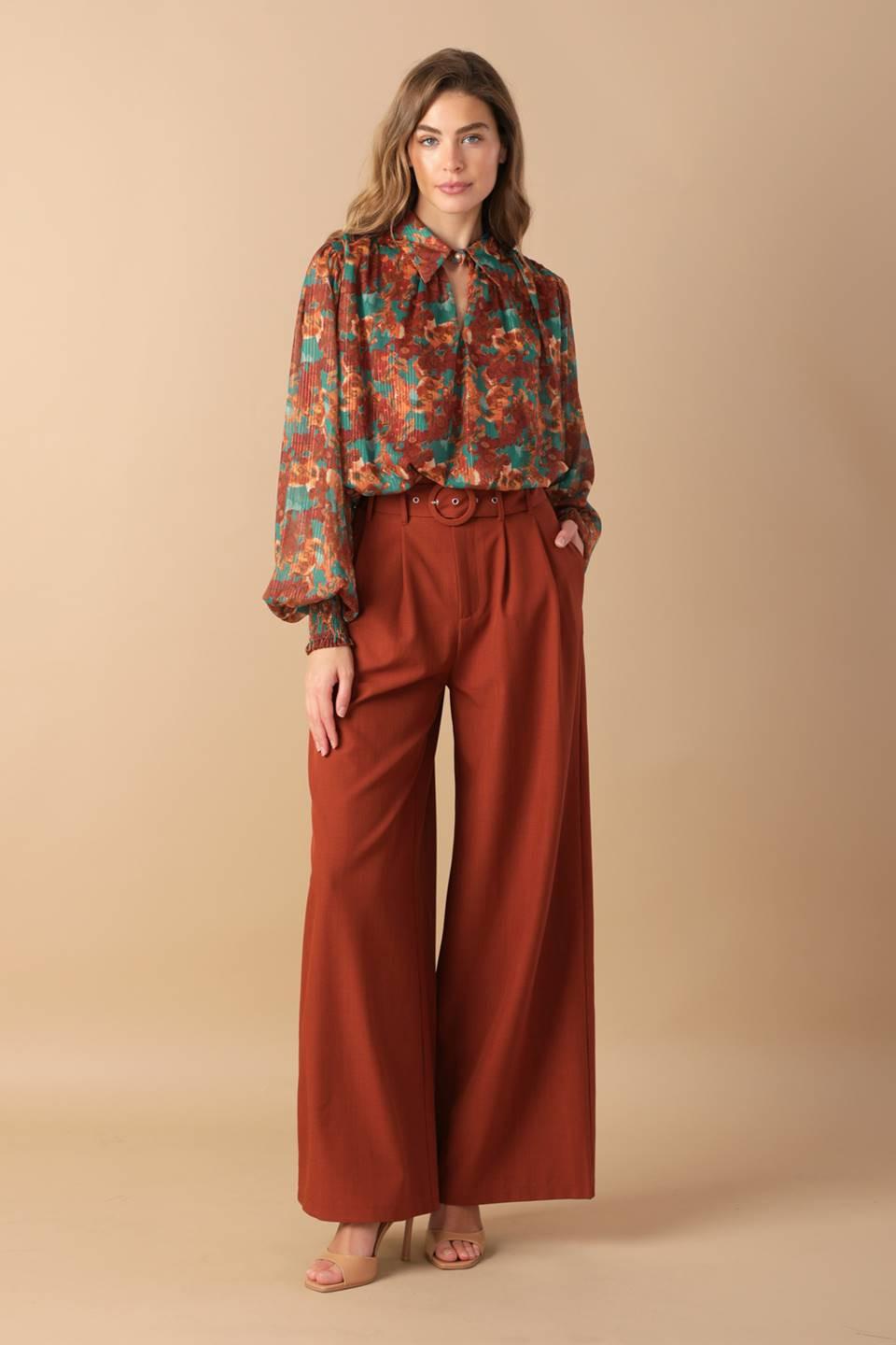 Nostalgic Teal Brown Woven Top, view 1 — Soul Flow Apparel