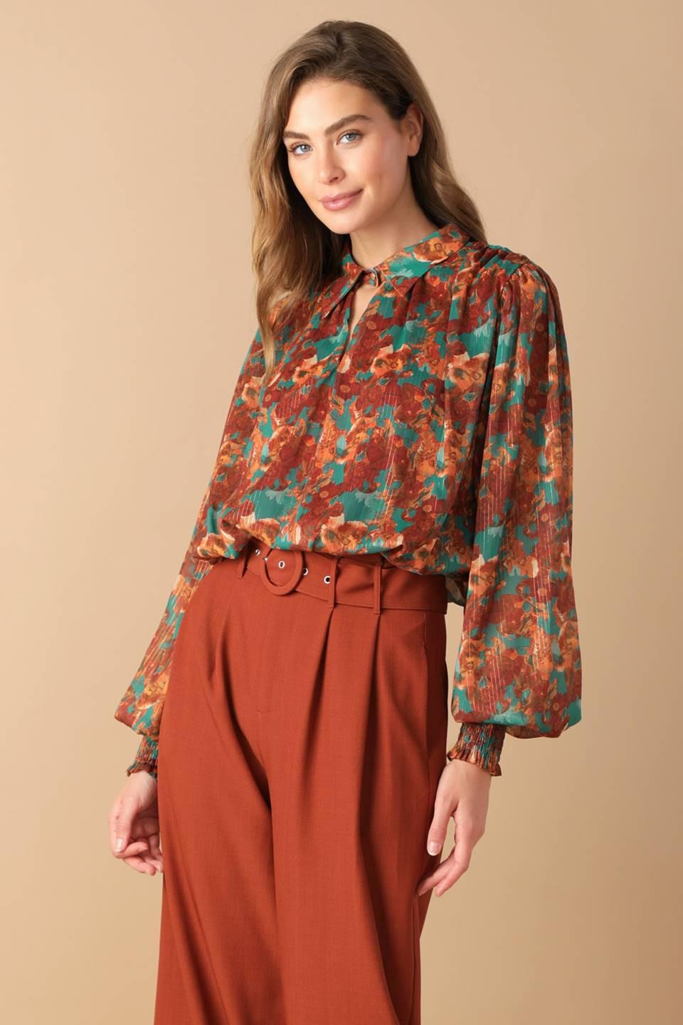 Nostalgic Teal Brown Woven Top, view 2 — Soul Flow Apparel