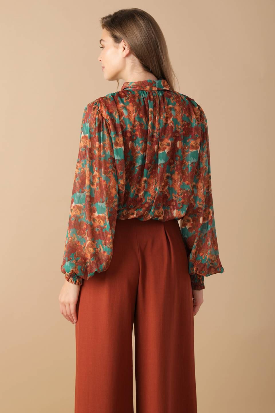 Nostalgic Teal Brown Woven Top, view 3 — Soul Flow Apparel