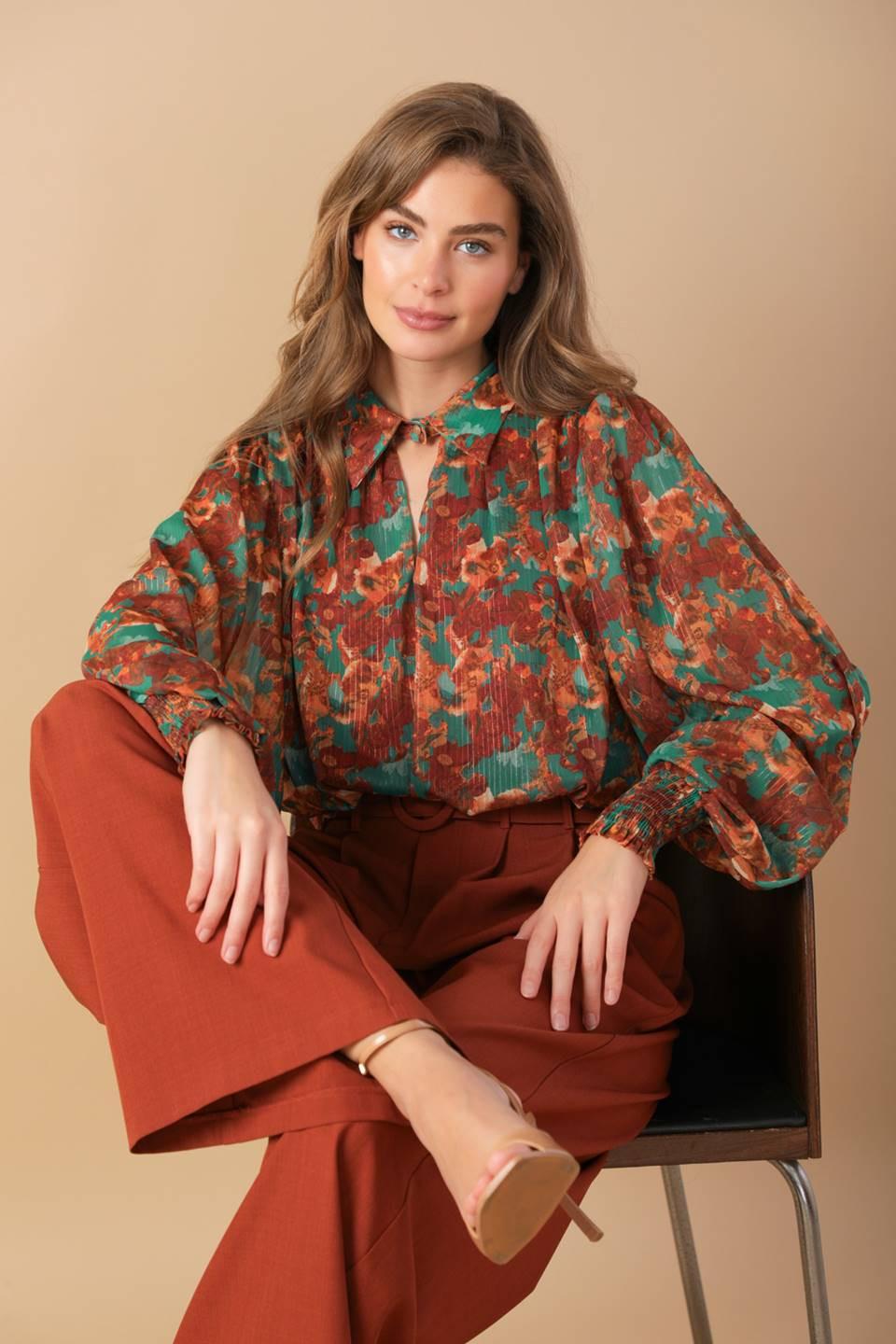Nostalgic Teal Brown Woven Top, view 4 — Soul Flow Apparel