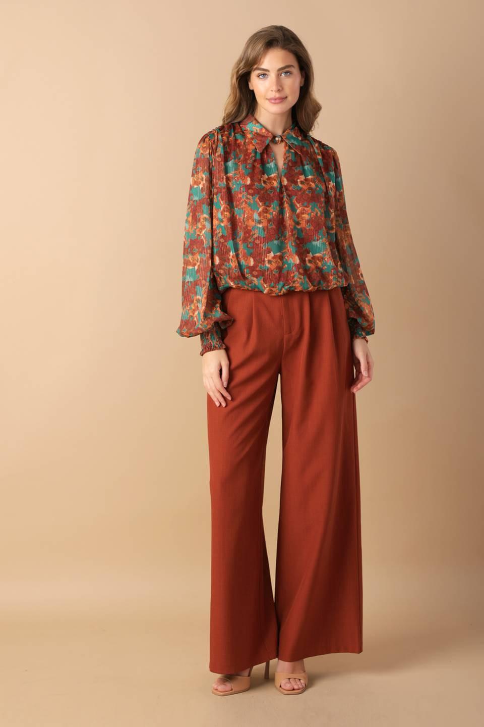Nostalgic Teal Brown Woven Top, view 5 — Soul Flow Apparel